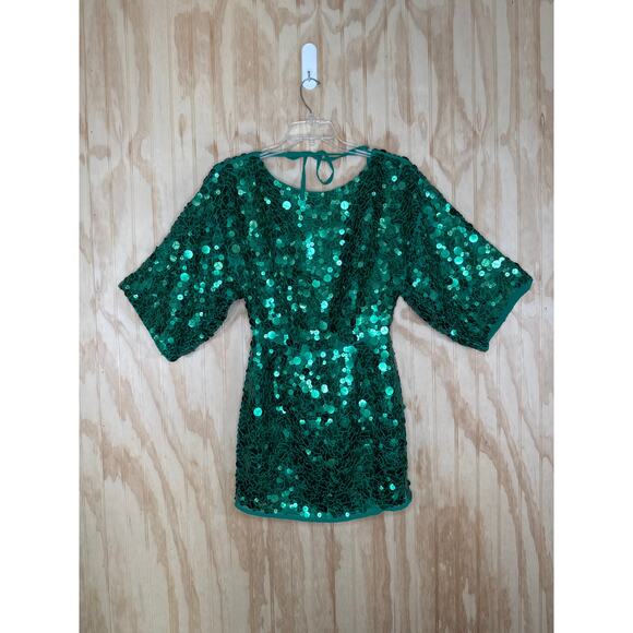 ASOS Emerald Green Sequin Dolman Sleeve Mini Dress NWT Size 4 Tie Back Open Back - Picture 8 of 9